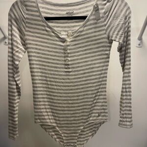 Aerie Gray and White Striped Bodysuit